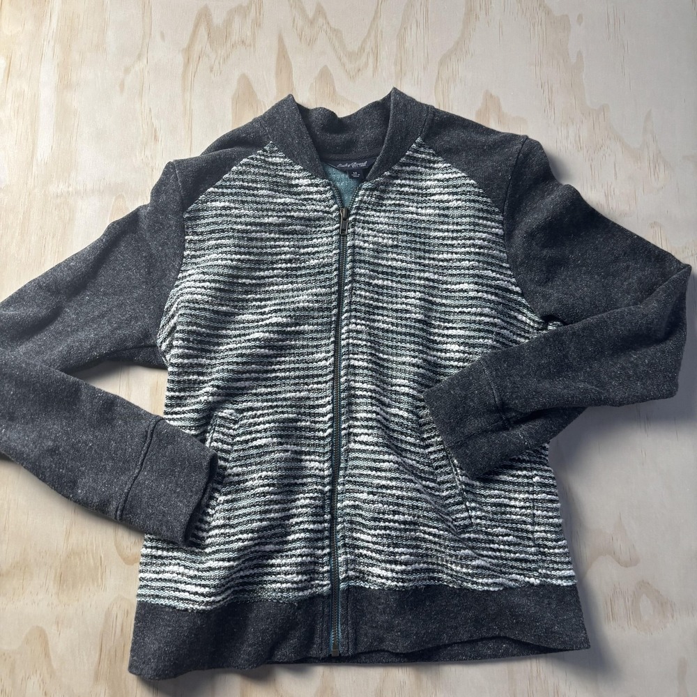 Lucky Brand‎ Sweater Womens Medium Gray Striped Full Zip Raglan Knit Jacket